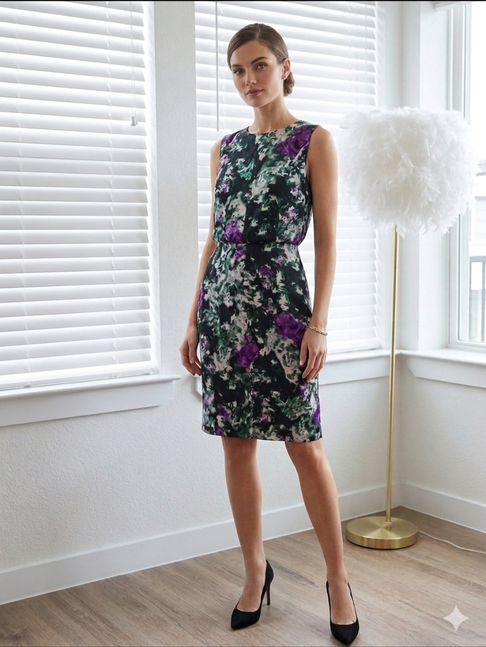 Hugo Boss Sleeveless Floral Midi Dress in Purple, Green and Black